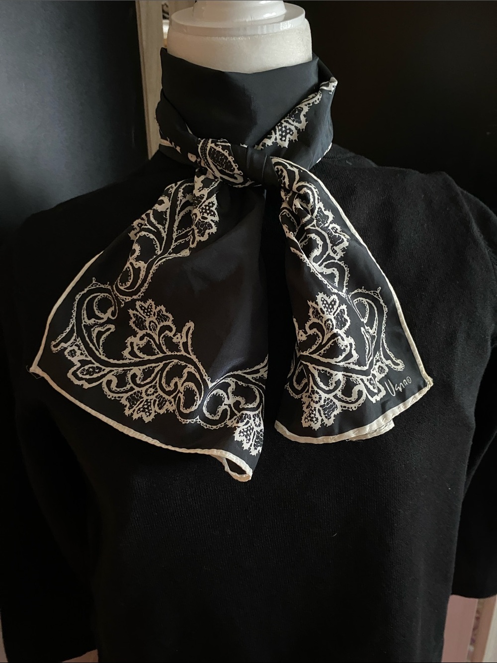Vintage Vera Black and off White Lace Print Scarf